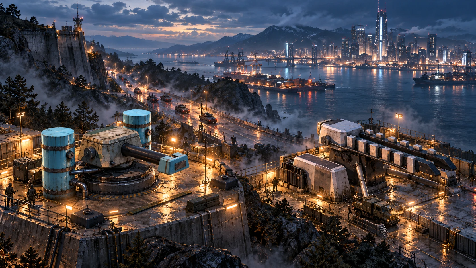 Cinematic illustration of Frostline and Lance installations defending a coastal city approach at dusk