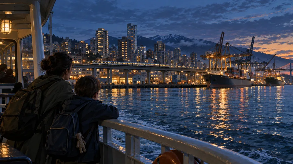 A family watches a harbour city from a commuter ferry before the blackout