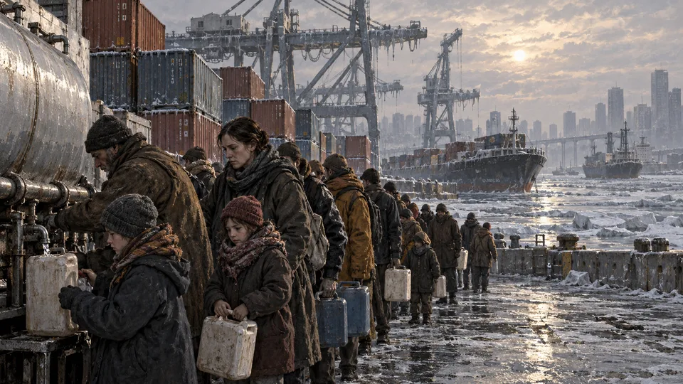 Civilians queue for supplies beside a port after the blackout