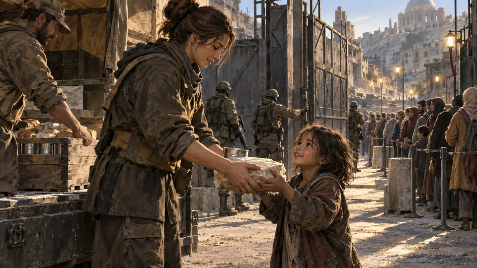 A woman gives food to a child while soldiers guard a street in an occupied city