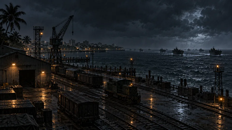 Landing craft approach Darwin under storm clouds, beyond the harbour railway