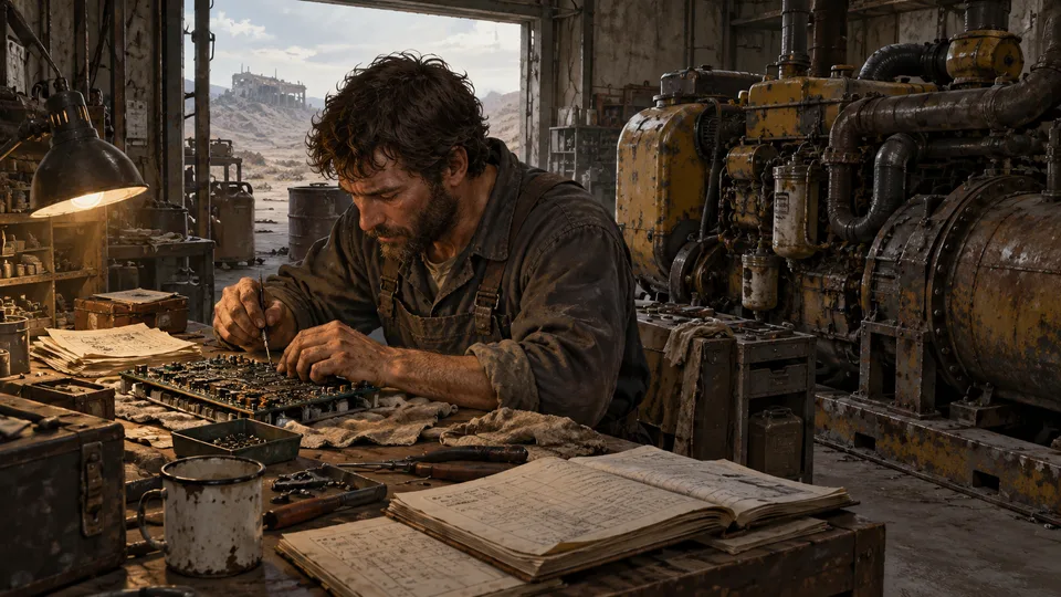 A mechanic repairs equipment beside a worn diesel engine in a workshop