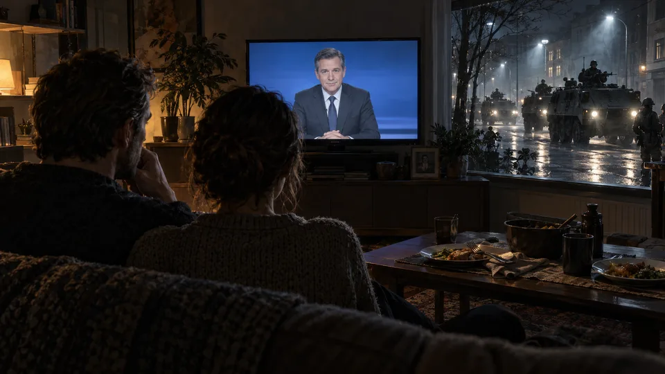 Two residents watch a reassuring TV newsreader while military vehicles pass outside their window