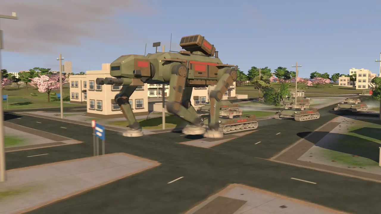 A heavy walker advances through a town