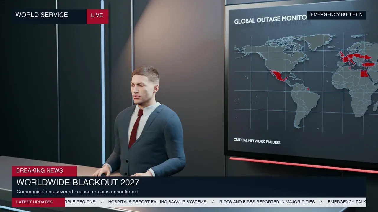 News presenter reporting the worldwide blackout in 2027
