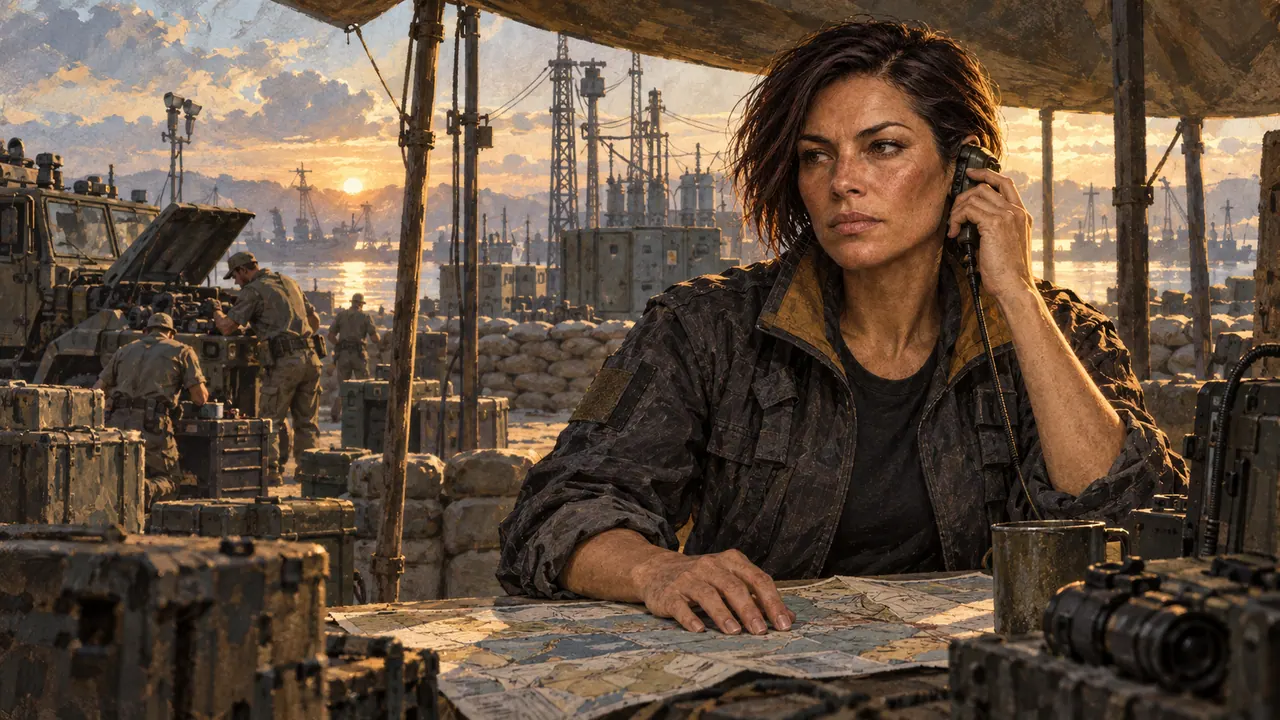 Commodore Maya Voss on a field radio under canvas, a map under her hand and a harbour behind her